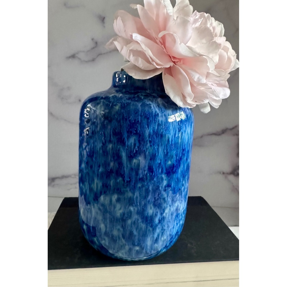Blue Drip Glaze Ceramic Vase Handcrafted Reactive Cobalt White 8 Inch